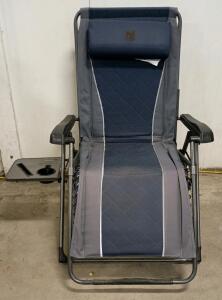 Zero Gravity Reclining Chair, Padded Navy Blue, Adjustable Headrest, Tray, Folding Steel Frame