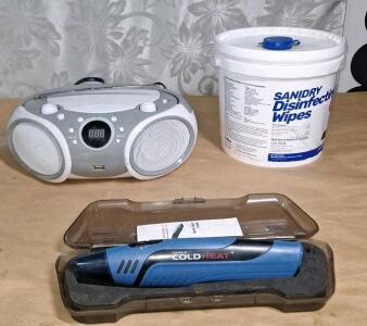 (1) Cold Heat Soldering Iron, (1) AM/FM Radio/ CD Player & (1) Bucket Of Sanitary Disinfecting Wipes