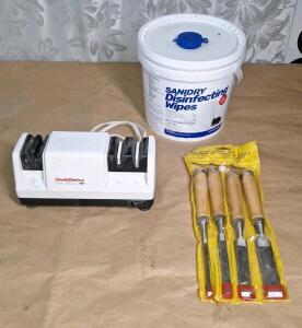(1) Chef's Choice Electric Diamond Hone Sharpener, (1) 4-Piece Wood Chisel Set & (1) Bucket Of Sanitary Disinfecting Wipes