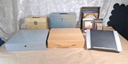 (1) Manual Cash Drawer, (1) Wooden Storage Drawer, (1) Metal File Case & Plastic File Case, (1) Fellowes Laptop Stand & (15) Assorted Small Picture Frames