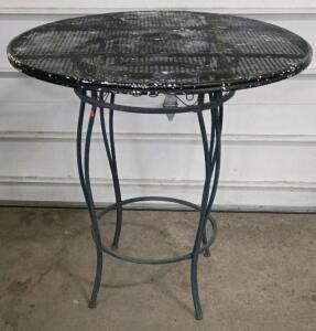42" Round Black Wrought Iron Patio Table, Mesh Top, Umbrella Hole, Decorative Base 43"Tall