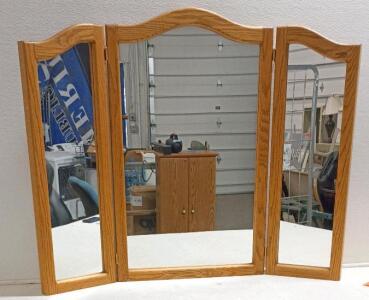 Tri-Fold Oak Wood Wall Mirror/Bathroom Vanity Mirror, 3 Panels, 49"x36" Folding Design, Light Oak Finish