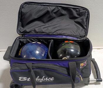 (2) Brunswick Bowling Ball Set with Strikeforce Roller Bag