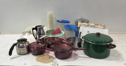 Large Mixed Cookware Set &ndash; Enamel Stockpot, 3 Glass Saucepans, Kettles & Kitchen Utensils (17 pcs)