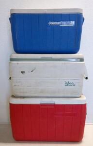 Igloo Legend 36, Coleman PolyLite 34, and Large Red Coleman Coolers - Stackable, 34-48 Qt