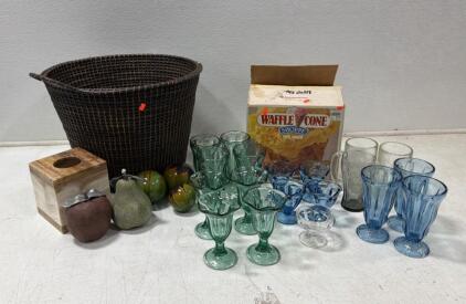 Large Wicker Basket, 18 Vintage Glass Dessert Cups, Decorative Fruit, Decorative glass balls, Marble Tissue Box, Waffle Cone Maker