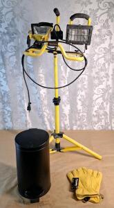 (1) WorkForce Dual Head Work Light W/ Tripod Stand, (1) Small Wastebasket & (1) Pair Of Thinsulate Elkskin Work Gloves, Large