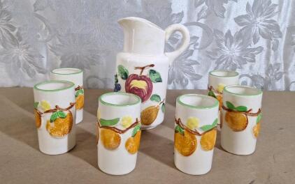 (7) Piece Vintage Porcelain Pitcher & Cups Set, Fruit Pattern