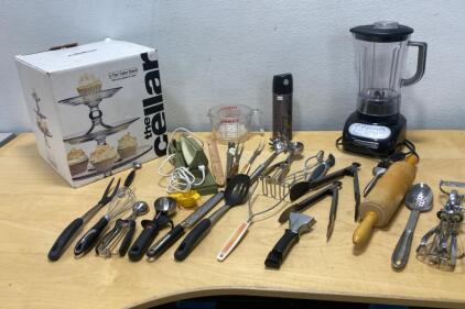 KitchenAid 5-Speed Blender ( Powers On ), The Cellar 3-Tier Cake Stand, Assorted Kitchen Utensils