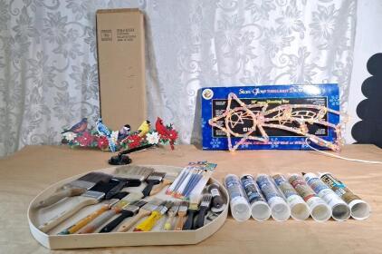 (1) Solar Christmas Birds Wall / Fence Light, (1) 20" Shooting Star Light, (1) 21" Plastic Lazy Susan, (6) Tubes Of Silicone Caulk & Assorted Paint Brushes