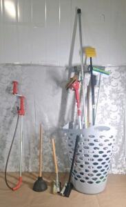 (1) RIGID 3-Foot Toilet Auger, (1) Heavy Duty Plunger, (2) Squeegees & (1) Laundry Basket W/ Assorted Cleaning Supplies