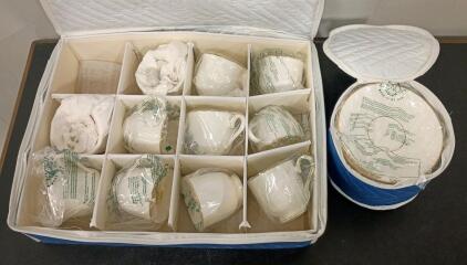 (11) Lenox Hannah Gold Bone China Teacup & Saucer Set, White with Gold Trim With Storage Case, Made in USA New