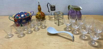 Eclectic Vintage Ceramic Tureen, Decorative Pitchers, Pressed Glass Goblets, Serving Set