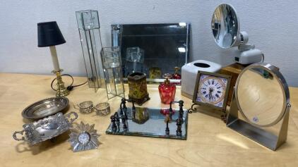 Vintage Decorative Lot: Clocks, Mirrors, Silver Trays, Vanity Lamp, Candle Holders (14 Pieces)