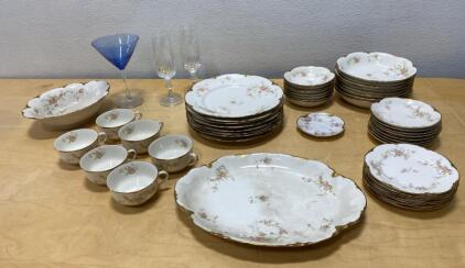 Warwick China Porcelain Dinnerware Set, 43 Pieces, Pink Floral with Gold Trim, Circa 1920s