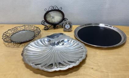Mixed Decorative Lot: Shell Tray, Baroque Desk Clocks, Reticulated Bowl & Round Serving Tray