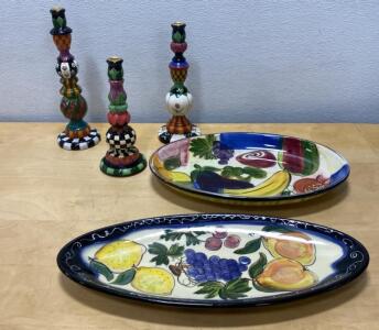 Hand-Painted House of Hatten Candlesticks & Fruit Platters, Peggy Fairfax Herrick, Elias Porter