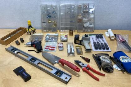 Mixed Lot: Craftsman Cordless Screwdriver( Works), Hand Tools, Hardware Organizers, Boat Cleats, Level