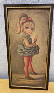 Framed Maio Big-Eyed Girl Art Print, Vintage 1960s, Wood Gold Accent Frame, 8"x16", Signed