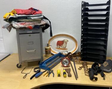 Mixed Workshop Lot: 2-Drawer Steel File Cabinet, Metal Toolbox, Hand Tools, Protective Clothing