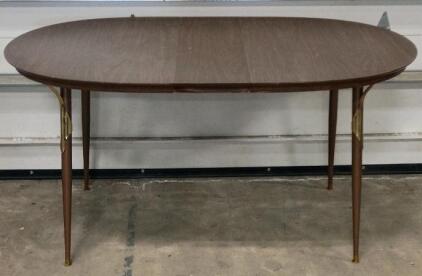Mid-Century Modern Oval Walnut Dining Table with Brass-Tipped Legs and Extension Leaves 60"x35"x30"