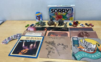Vintage Mixed Lot: Vinyl Records (incl. Bob Dylan, Harry Chapin), Hot Wheels, Sorry! Game, Cards