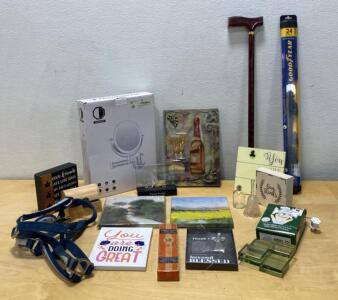 TUSHENGTU LED Wall Mirror, Goodyear 24" Wiper, Cane, Dog Harness, Decor Plaques, Mixed Lot