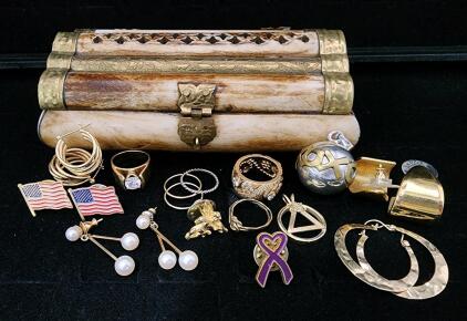 Vintage Mixed Jewelry Lot with Rings, Earrings, Pins, Pendants & Ornate Brass Wood Jewelry Box