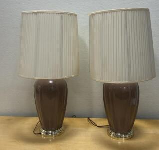 Pair of Vintage Brown Ceramic Table Lamps with Pleated Shades, 28-32" Tall- Works
