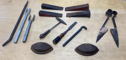Vintage Blacksmith and Farrier Tool Lot with Asbestos Sad Iron Inserts
