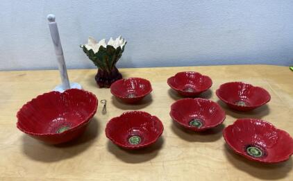Ambiance Collections Fleur Rouge Bowl Set by Nanette Vacher &ndash; 7-Piece Red Poppy Design