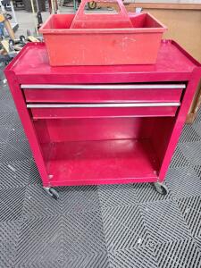 Red Rolling Steel Tool Cart, 2 Drawers, Utility Tray, Swivel Casters, Est. 26"x16"x34"