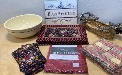 Vera Bradley Placemats & Napkins, Sferra Linen, Decorative Bowl, Basket & Sign - Designer Lot