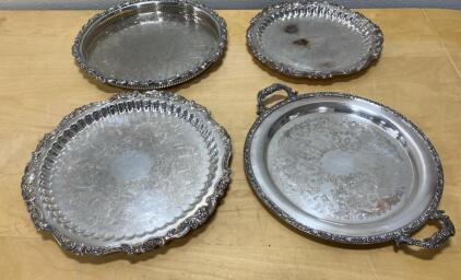 Ornate Silver-Plated Serving Tray Set, Floral Scroll Design, 3 Round, 1 Handled Oval, 14-20 in