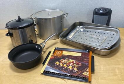 Kitchen Cookware & Appliance Lot: Crock-Pot Slow Cooker, Stockpot, Pans, BBQ Topper, Heater- ( All Power On )