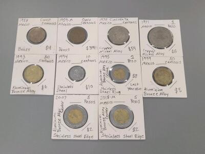 Mexican Coin Collection: 5&cent;, 50&cent;, 1 Peso, assorted alloys, 1958&ndash;2018