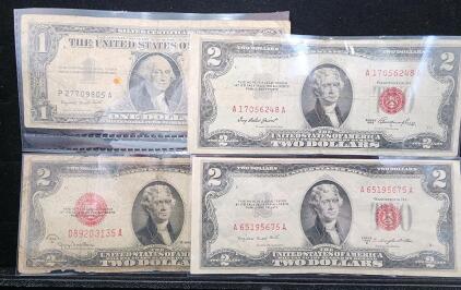 Vintage $2 Red Seal & $1 Blue Seal U.S. Currency Notes &ndash; 1928 G, 1953, 1953 B, 1957 A Series