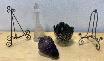 Cut Glass Decanter, Art Glass Grape Cluster, Black Glass Silver Overlay Bowl & Metal Easels Set