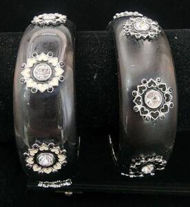 (2) Halle Joy Acrylic Bangle Bracelet Black With Enamel Hearts And Crystals