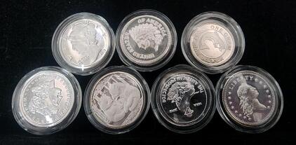 (7) Different One Gram .999 Fine Silver Rounds In Protective Holders