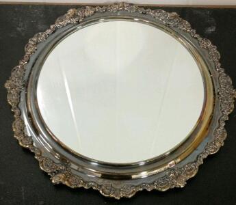 Vintage Ornate Silver-Plated Mirrored Plateau Tray, 17" Diameter, Scalloped Floral Border