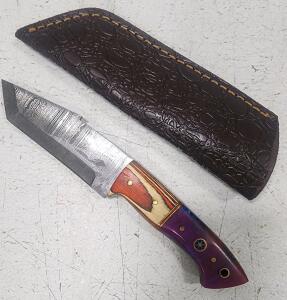 (1) Fixed Blade Damascus Steel Utility Knife With Wood And Resin Handle And Sheath