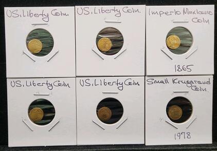 (4) U.S. Liberty Coin (1) 1865 Imperlo Mexicano Coin (1) 1978 Small Krugaraud Coin ( Cant Verify Authenticity)