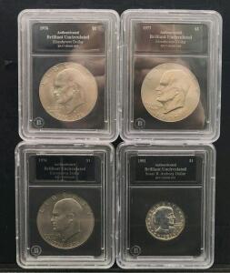 (3) 1976-1977 Brilliant Uncirculated Eisenhower Dollar Coins (1) 1981 Brilliant Uncirculated Susan B. Anthony Dollar Coin
