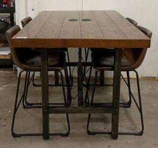 High-Top Oak Conference Table Set with 4 Bar Stools, Integrated Power/USB, Wood & Metal Construction 60"x36"x36"