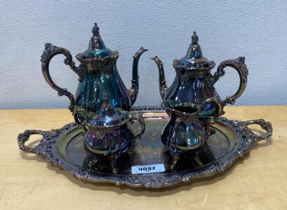 Wallace Baroque 5-Piece Silver-Plated Tea & Coffee Set with Ornate Tray, Model 282, USA