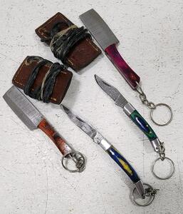 (2) Fixed Blade Damascus Steel Mini Cleaver Keychain Knives With Sheath Necklaces (2) Damascus Steel Pocket Knife Keychains