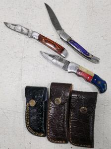 (3) Damascus Steel Utility Pocket Knife With Sheaths