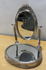 Ornate Silver Vanity Tabletop Mirror with Swivel Oval Mirror and Mirrored Base, Floral Decoration 18&rdquo; in Height