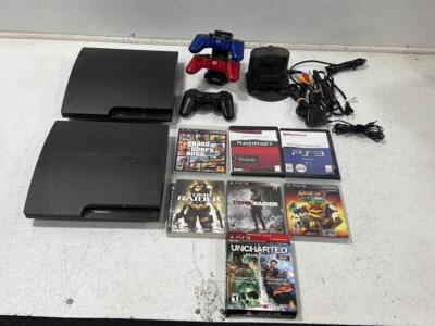 Sony PlayStation 3 Slim Console Bundle, 2 Consoles, 3 Controllers, 7 Games, Charging Dock